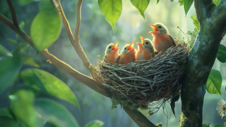 A charming scene of baby birds in a nest, their beaks wide open as they await food. Surrounded by lush green leaves, this image captures the essence of wildlife and nurturing in nature.の素材