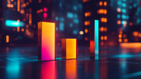 A D bar graph with bright, metallic bars showing financial data in a minimalist setting, with a modern, sleek digital interface in the background.の素材