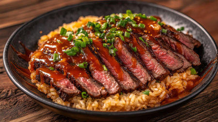 A beautifully arranged plate of beef rice topped with tender slices of beef, drizzled with a rich sauce and garnished with green onions, served on a rustic wooden table.の素材