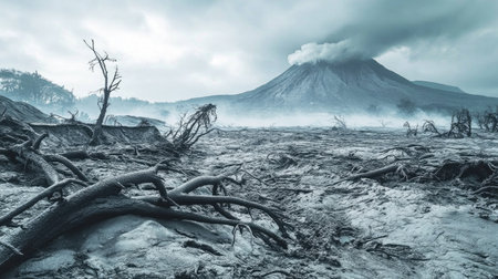 A haunting volcanic landscape showcases an erupting mountain shrouded in smoke, surrounded by charred tree roots and a misty atmosphere in striking monochrome tones.の素材