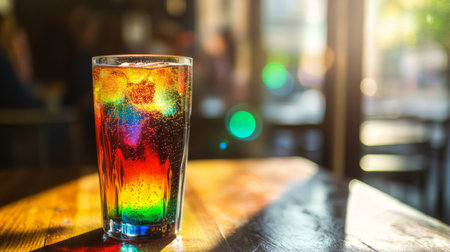 A close-up of a tall glass of colorful soda with vibrant bubbles, placed on a wooden table, with sunlight streaming through a nearby window.の素材