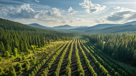 A breathtaking view of a green forest landscape showcasing rows of young trees, embraced by majestic mountains and a bright, serene sky filled with clouds.の素材