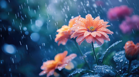 This stunning close-up image features vibrant orange flowers adorned with raindrops, set against a lush green backdrop, evoking a sense of freshness and tranquility in nature.の素材
