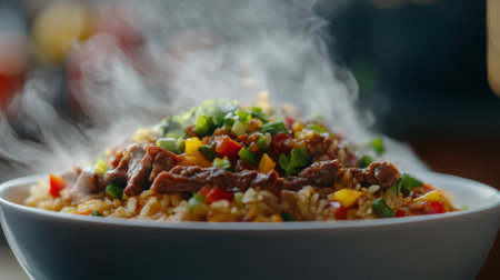 A close-up shot of a steaming bowl of beef rice, featuring juicy beef slices over fragrant jasmine rice, with colorful vegetables adding a vibrant touch.の素材