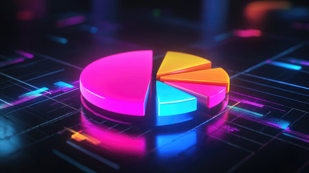 Eye-catching digital pie chart with vibrant neon colors, set against a sleek futuristic background. Perfect for representing modern data analysis and business insights visually.の素材