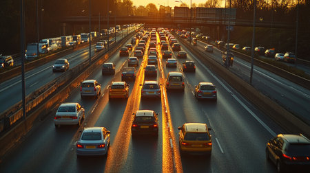 A captivating scene of a busy highway at sunset, with numerous vehicles creating dynamic reflections on a wet road, illustrating the hustle and bustle of urban life during rush hour.の素材