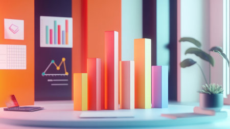 This image showcases a vibrant modern workspace featuring colorful bar graphs and charts, reflecting data analysis and business growth in a creative environment.の素材
