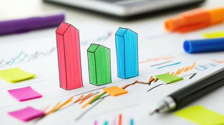 Vibrant 3D bar graphs illustrate important data trends on a financial chart, showcasing analysis concepts in a modern office setting with stationery elements.の素材