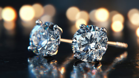 Captivating close-up of exquisite diamond earrings, showcasing brilliance and elegance against a blurred bokeh background, ideal for luxury and fashion content.の素材