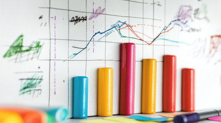 A vibrant bar graph displayed against a grid background showcases key data trends, ideal for enhancing business presentations and analysis with colorful visuals and engaging markers.の素材