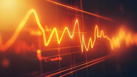 A close-up of a heartbeat waveform on a medical display, capturing the moment of a pulse, with soft lighting enhancing the technological aspectの素材