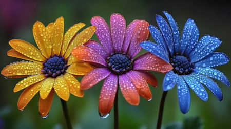 A close-up of vibrant petals adorned with glistening water droplets, showcasing the beauty of nature after a refreshing rain, with soft natural lightingの素材