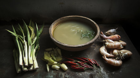 A beautiful bowl of hot shrimp soup surrounded by fresh ingredients like lemongrass, galangal, and chili, showcasing the key components of the dishの素材