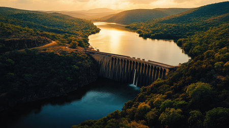 An impressive view of a large dam holding back a vast body of water, surrounded by trees and vegetation, illustrating the harmony between nature and infrastructureの素材