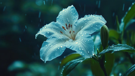 An artistic shot of a blooming flower with droplets of water clinging to its petals, against a blurred background of lush green foliage, creating a serene ambianceの素材
