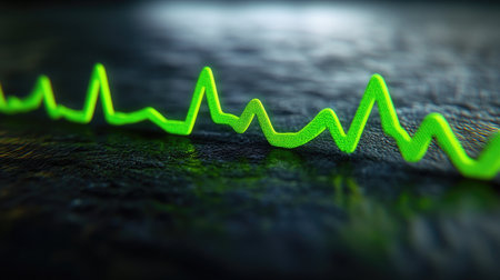 A close-up of a digital heart rate monitor displaying a heartbeat waveform, vibrant green lines against a dark background, illustrating medical technologyの素材