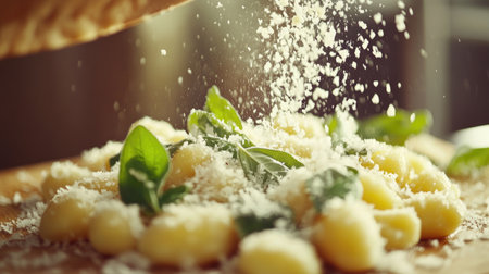 A close-up of homemade gnocchi drizzled with sage butter, sprinkled with parmesan cheese, on a wooden cutting board, showcasing Italian comfort foodの素材