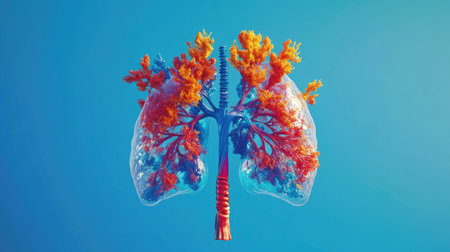 An artistic representation of the human lungs, showing the bronchial tree and alveoli in vivid colors, placed against a serene blue backgroundの素材
