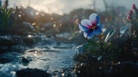 A delicate flower in full bloom, its colorful petals sparkling with dew drops in the early morning sunlight, highlighting the freshness of a new dayの素材