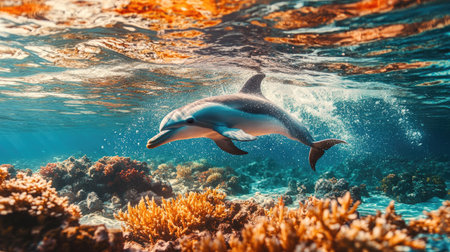 A dolphin splashing playfully in shallow waters, with colorful coral reefs visible below, creating a lively scene filled with underwater beautyの素材