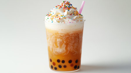 A refreshing bubble tea served in a clear glass with ice, topped with a generous layer of whipped cream, and colorful sprinkles for an extra festive touchの素材