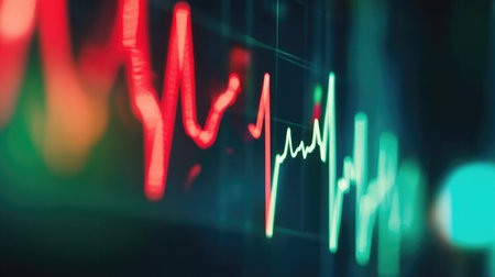 A heart monitor displaying a rapid heartbeat, with bright red and green colors, capturing the urgency and importance of monitoring heart healthの素材