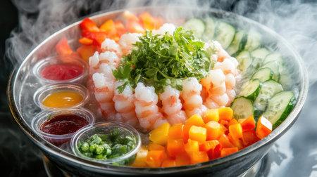 A steaming bowl of shrimp in jelly served with dipping sauces, featuring a vibrant mix of colors from fresh vegetables and garnishes, creating an appetizing lookの素材