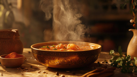 A steaming bowl of spicy shrimp soup set against a backdrop of Thai spices and herbs, emphasizing the rich flavors and culinary heritage of the dishの素材