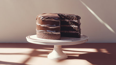 A rich chocolate layer cake with visible layers and a glossy ganache finish, elegantly sliced to reveal its moist interior, set on a decorative cake standの素材