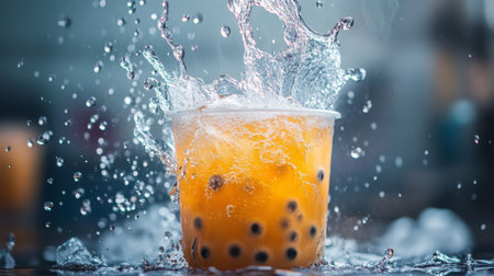 A dynamic shot of bubble tea being poured into a clear cup, with bubbles and ice swirling, creating a sense of freshness and excitement.の素材