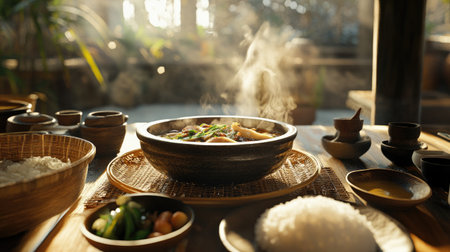 A stunning display of steaming noodles surrounded by rice and fresh vegetables, showcased on a rustic wooden table, capturing a serene dining experience.の素材