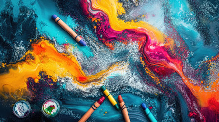 A colorful abstract design filled with various hues, with crayons lying nearby, inviting viewers to pick them up and add their own touchの素材