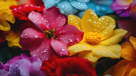 A beautiful composition of assorted flowers with droplets of rain resting on their colorful petals, showcasing the vibrant palette of nature after a stormの素材