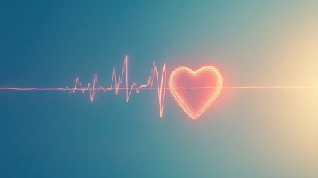 A stylized graphic of an EKG heartbeat waveform, showing sharp peaks and valleys, overlaid on a soft blue background, representing health and rhythmの素材