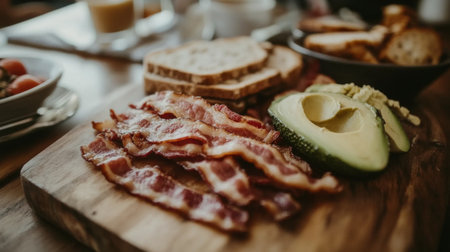 A rustic wooden board topped with crispy bacon, fresh bread, and sliced avocado, creating a delicious breakfast spread in natural light.の素材
