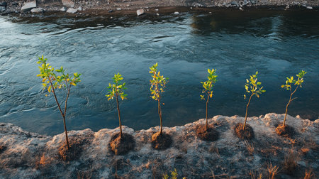 A vibrant image of young trees planted along a riverbank, with the water flowing gently, showcasing the importance of trees for preventing erosion and promoting biodiversityの素材