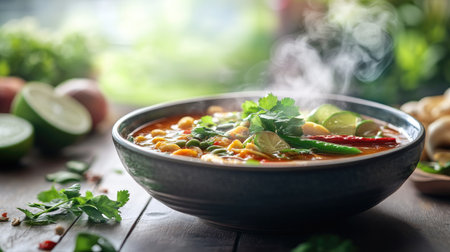 A vibrant image of tom yum goong served in a traditional Thai bowl, with steam rising and garnished with fresh herbs, inviting viewers to taste the flavorsの素材