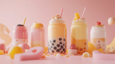 A playful arrangement of different bubble tea flavors in glass jars, with toppings displayed beside each jar, capturing the essence of customization in bubble tea.の素材