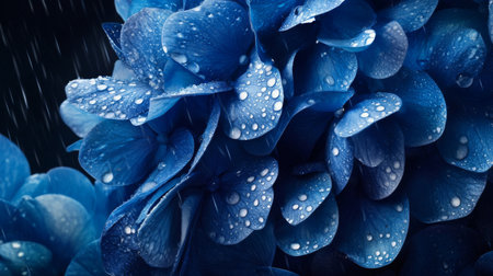 A macro shot of a vibrant blue hydrangea with raindrops on its petals, creating a stunning visual effect that emphasizes the flowers texture and color.の素材