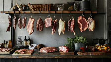 A rustic butcher shop setting showcasing a variety of hanging meats and cuts, creating an authentic atmosphere of freshness and quality.の素材