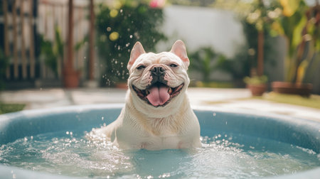 Bulldog sitting in a small pool, tongue out, relaxed expression, surrounded by water splashesの素材