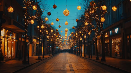 A long row of hanging Christmas lights above a pedestrian street, lighting up the night with warm festive tones and winter decorations.の素材