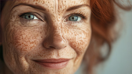Close-up of a -year-old woman's cheek, gentle skin texture, soft focus, radiant and embracing natural agingの素材