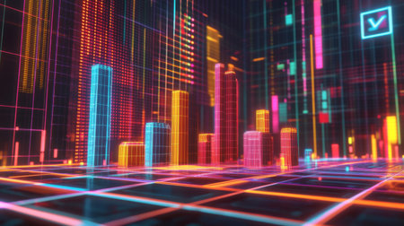 A futuristic financial D bar graph showing rising bars in bright colors, floating against a digital grid background with financial symbols.の素材