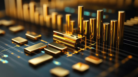 3D gold price chart with reflective golden bars and sharp upward trends, symbolizing wealth and investment potential in precious metalsの素材