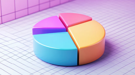 3D pie chart in vibrant colors, with each segment slightly separated for emphasis. Floating over a grid surface with data labels visible.の素材