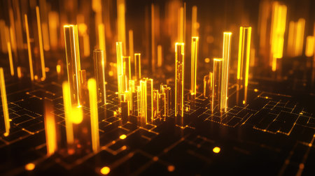 3D gold price graph with glowing golden bars rising against a dark background, highlighting fluctuations and market trends in the gold market.の素材
