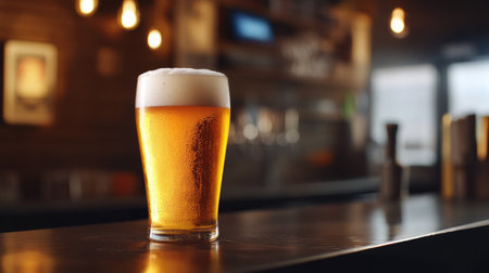A refreshing pint of beer with a golden hue and a foamy top, placed on a bar counter with ambient lighting creating a cozy atmosphere.の素材