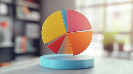 3D pie chart with separated segments in various sizes, floating above a blurred office background. Concept for financial reports or business presentationsの素材