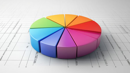 3D pie chart in vibrant colors, with each segment slightly separated for emphasis. Floating over a grid surface with data labels visible.の素材